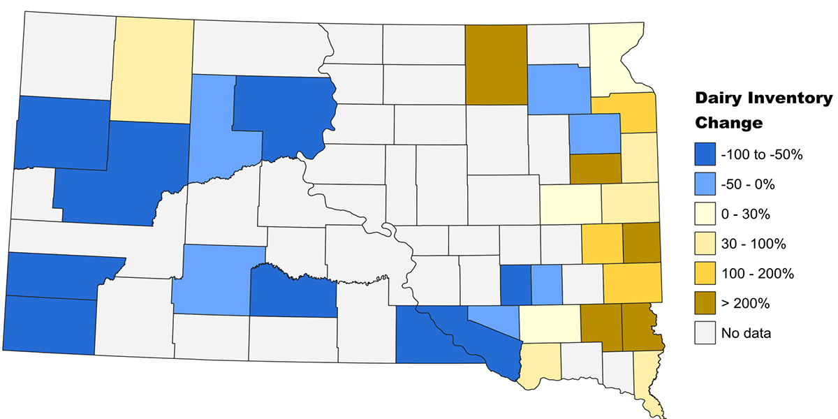 Color-coded map of South Dakota showing percentage change in dairy cow numbers by county from 2012 to 2022. For a detailed description, please call SDSU Extension at 605-688-4792.