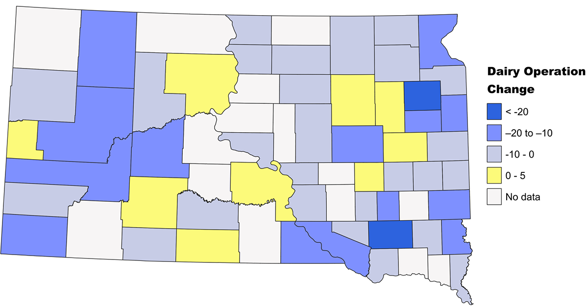Color-coded map of South Dakota showing change in dairy operation numbers by county. For a detailed description, please call SDSU Extension at 605-688-4792.