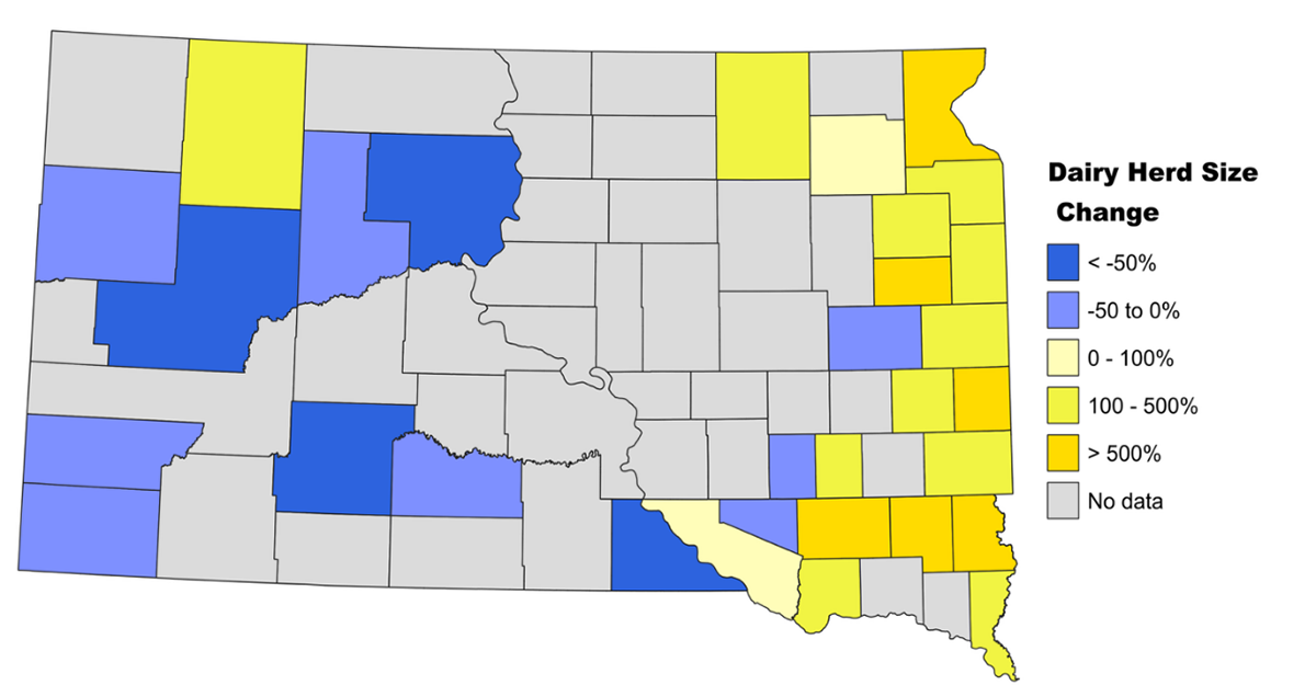 Color-coded map of South Dakota showing percentage change in average dairy herd size by county. For a detailed description, please call SDSU Extension at 605-688-4792.