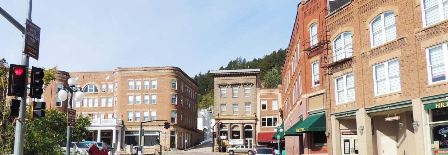 Deadwood, South Dakota buildings with Black Hills in the background
