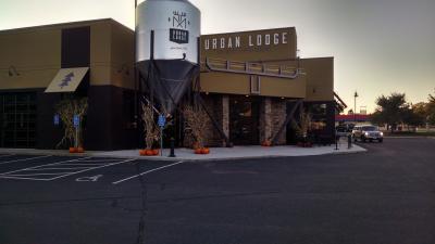 The parking lot of the urban lodge brewery.