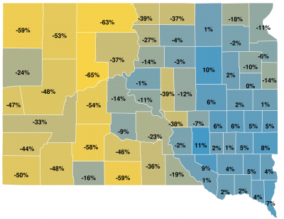 Most Probable Use Method Ag Land Value Change map of South Dakota counties displaying percentage changes for ag land value based on the probable use method
