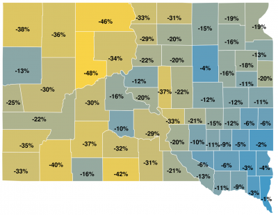 Actual Use Method Ag Land Value Change map of South Dakota counties displaying percentage changes for ag land value based on the actual use method