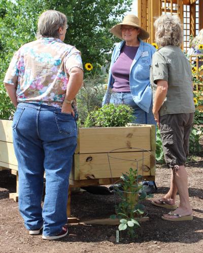group of gardeners gathered around raised bed