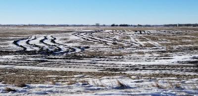 a wet, snow-covered field with deep ruts in the soil
