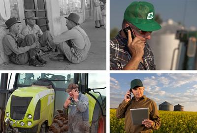 A collage of farmers from different time periods sharing information.