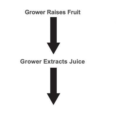 Two black arrows stacked on top of one another and pointing downward. The top arrow has the text "Grower Raises Fruit" above it. The bottom arrow has the text "Grower Extracts Juice" above it.