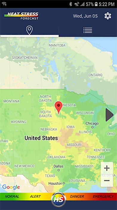 Color-coded map of the United States forcasting heat stress. Green is normal. Yellow is alert. Orange is Danger. Red is emergency. Eastern South Dakota is Yellow and under alert. Wester South Dakota is green and under normal conditions.