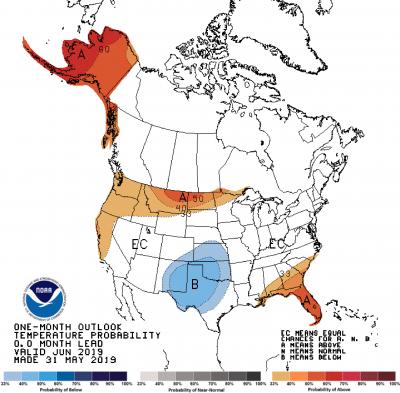 A color-coded map of the United States indicating temperature outlook for June 2019.