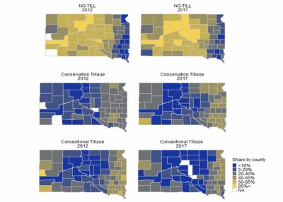 A series of color-coded maps indicating acreages allocated to different tillage practices by South Dakota counties. For a complete description, call SDSU Extension at 605-688-6729.