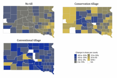 Three color-coded maps indicating no-till, conservation tillage, and conventional tillage percentages in South Dakota. For a complete description, call SDSU Extension at 605-688-6729.