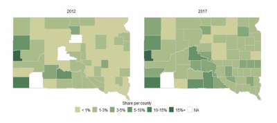 Two color-coded maps of South Dakota indicating cover crop usage by county in South Dakota. For a complete description, call SDSU Extension at 605-688-6729.