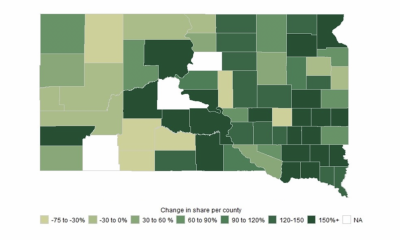 Color-coded map of South Dakota indicating cover crop usage by county in South Dakota. For a complete description, call SDSU Extension at 605-688-6729.
