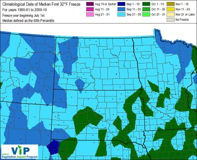 A color-coded map indicating the average date of 32 degree temperatures across various Midwestern states.