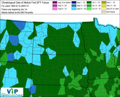 A color-coded map indicating the average date of 28 degree temperatures across various Midwestern states.
