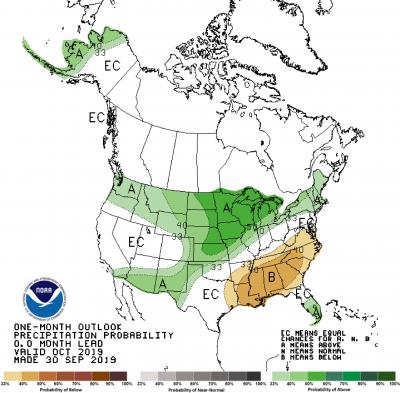 Color-coded map showing the October precipitation outlook for the United States.