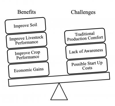 A scale diagram illustrating the benefits and challenges of crop and livestock integration. Benefits include: improved soil, improved livestock and crop performance and economic gains. Challenges include: traditional production comfort, lack of awareness, and possible start-up costs.
