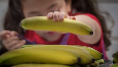 A young girl taking a banana from a tray of uneaten food.