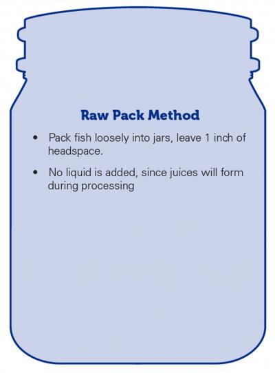 Outline of a canning jar with text explaining the raw pack method. To raw pack fish, loosely pack fish into jars, leave 1 inch of headspace. No liquid is added, since juices will form during processing.