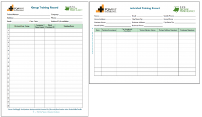 Two training forms from the PQA Plus Program. The left is a group training record and the right is an individual training record. For more information on the forms, visit the PQA Plus Program website: https://lms.pork.org/Tools/View/pqa-plus/program-materials