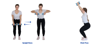 Left: A young woman demonstrating the upright row exercise. Right: A young woman demonstrating the chair pose exercise. For a complete description of the movements, call SDSU Extension at 605-688-6729.
