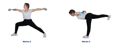 Left: A young woman demonstrating the warrior 2 pose. Right: A young woman demonstrating the warrior 3 pose. For a complete description of the movements, call SDSU Extension at 605-688-6729.