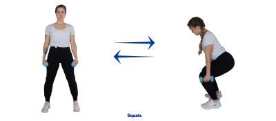A young woman demonstrating the starting and finishing position for a weighted squat exercise. For a complete description of the movements, call SDSU Extension at 605-688-6729.