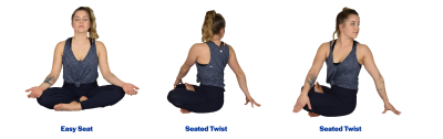 A young woman demonstrating the easy seat and seated twist yoga poses. For a complete description of the movements, call SDSU Extension at 605-688-6729.