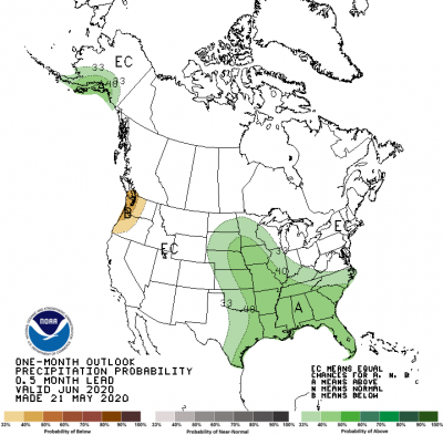 a map showing the precipitation outlook for June 2020