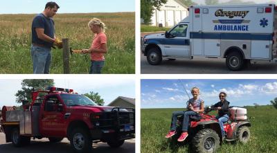 Four photos depicting ranch Human Resources. Clockwise from the top: A man repairing a fence with his daughter in a pasture. An ambulance for the Gregory community health system.  A firetruck for the Gregory fire department. A woman with her daughter riding a four-wheeler equipped with a spray tank.
