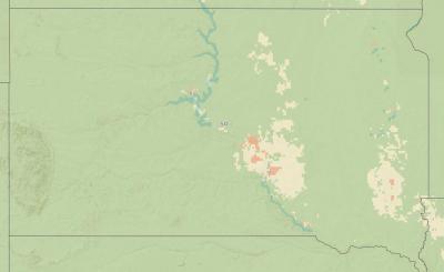 Map of South Dakota showing Fusarium head blight risk. Green indicates low risk, yellow moderate risk, and red high risk. Most of the state is green except for scattered, yellow areas within Edmunds, Faulk, Hyde, Hand, Buffalo, Jerauld, Brule, Aurora, Turner, Lincoln, McCook, Lake, Brookings, and Kingsbury counties. Some red, high risk areas are in Buffalo, Brule, Hyde, and Minnehaha counties.