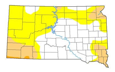 Map of South Dakota that has counties either colored in with white, yellow, light orange or orange colors signifying where drought conditions are.