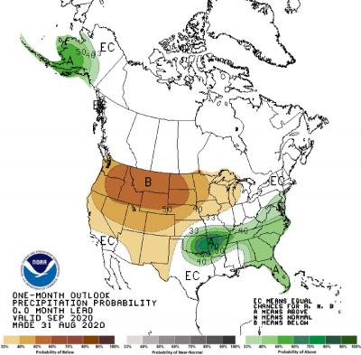 One-month precipitation outlook map for September 2020. South Dakota has a 40-50% chance of below-normal precipitation.