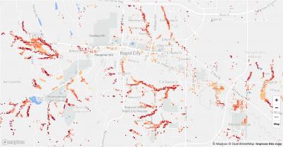 Color-coded map of the Rapid City area showing flood risk scores.