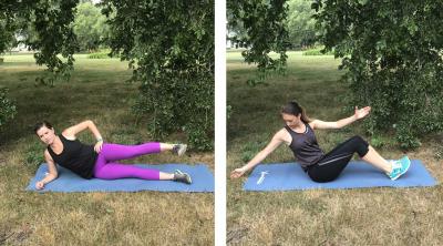 Two young women demonstrating body weight exercises outdoors.
