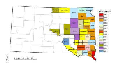 A map of South Dakota counties shaded to indicate the year for which the soybean cyst nematode was detected.