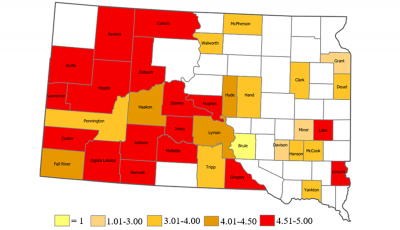 Map of South Dakota, illustrating Producers’ ratings on the fire liability risk of patch burn grazing by county. For a complete description, call SDSU Extension at 605-688-4792.