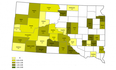 Color-coded map of South Dakota showing producers’ willingness to adopt patch burn grazing at county level. For a complete description, call SDSU Extension at 605-688-4792.