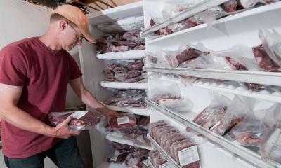 Producer inspecting an inventory of farm-raised, frozen beef in a freezer.