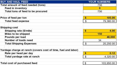 Sample 'Buy and Haul Feed' data from the 'Move the Cows or Move the Feed' calculator. For a detailed description, call SDSU Extension at 605-688-6729.