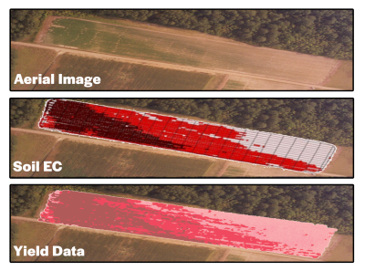 Three photos illustrating field conditions. From the top: An aerial photo of a field, the same photo with an overly indicating soil EC and a final photo with an overly indicating yield data.