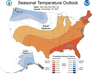 Color-coded map indicating seasonal temperature outlook for the United States from December 2021 to February 2022. For an in-depth description of this graphic, call SDSU Extension at 605-688-4792.