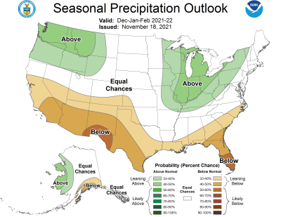 Color-coded map indicating seasonal precipitation outlook for the United States from December 2021 to February 2022. For an in-depth description of this graphic, call SDSU Extension at 605-688-4792.