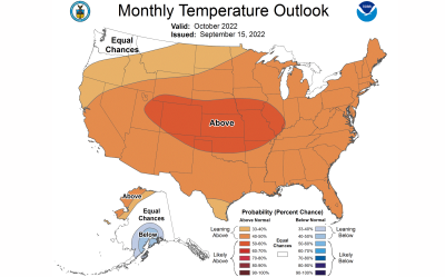 Color-coded map of the United States showing October 2022 temperature outlook. Temperatures in South Dakota are leaning above average. For assistance reading this graphic and data set, please call SDSU Extension at 605-688-4792.
