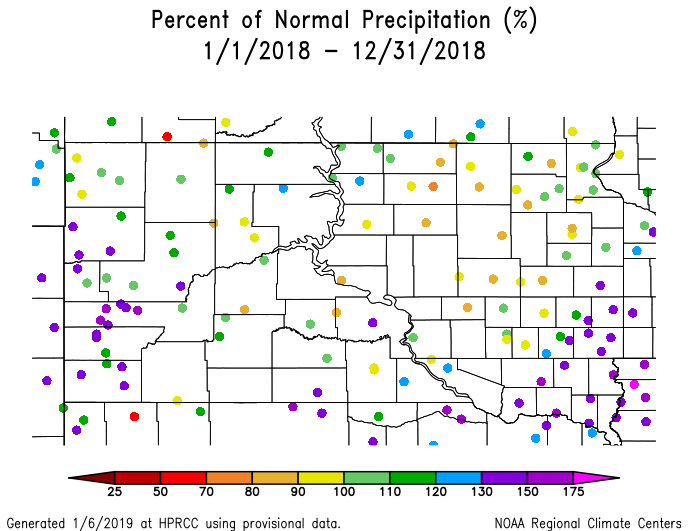 Map of South Dakota with colored dots at climate observing locations.