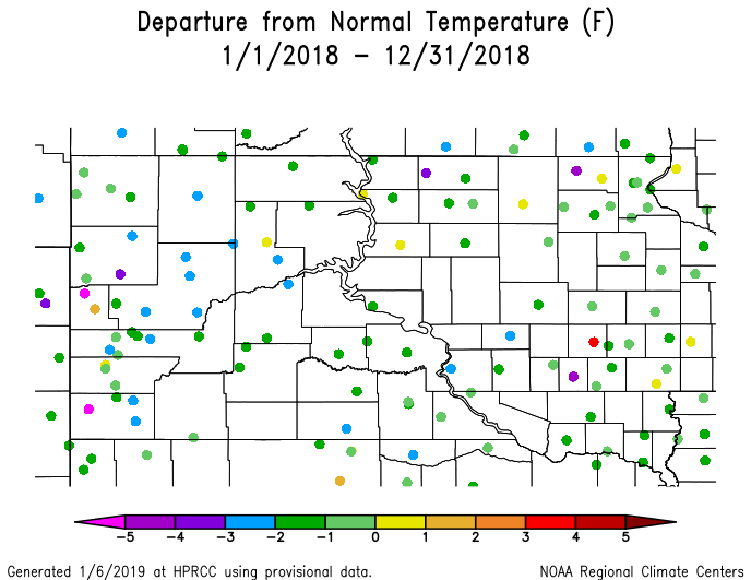 Map of South Dakota with colored dots at climate observing locations.