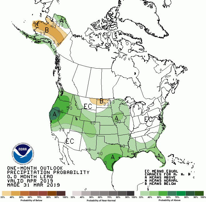 Map of the United States with green areas favored to be wetter and tan areas favored to be drier.