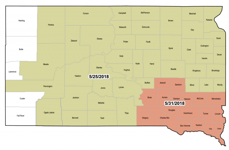 South Dakota corn late plant date map. View pdf map: https://legacy.rma.usda.gov/fields/mt_rso/2018/final/sdcorn_grain_nonirrigated.pdf  View text in Excel: https://legacy.rma.usda.gov/fields/mt_rso/2018/final/sdcorn_grain_nonirrigatedtext.xlsx