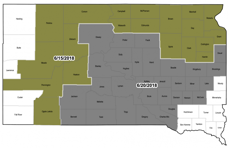 South Dakota sunflower late plant date map. View pdf map: https://legacy.rma.usda.gov/fields/mt_rso/2018/final/sdsunflowers.pdf View text in Excel: https://legacy.rma.usda.gov/fields/mt_rso/2018/final/sdsunflowerstext.xlsx