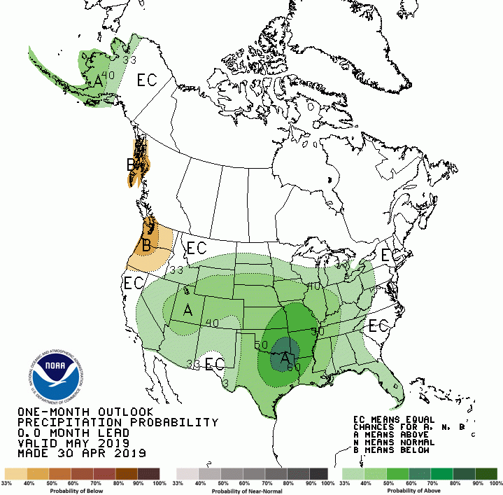 Map of United States with green areas favored to be wetter than average and tan areas favored to be drier than average.